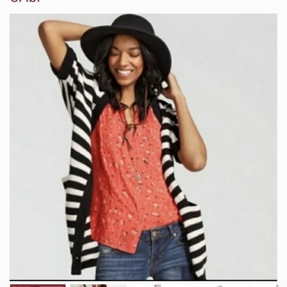 Cabi‎ Striped Cardigan Sweater Knit Open Front Pockets Short Sleeve S designer